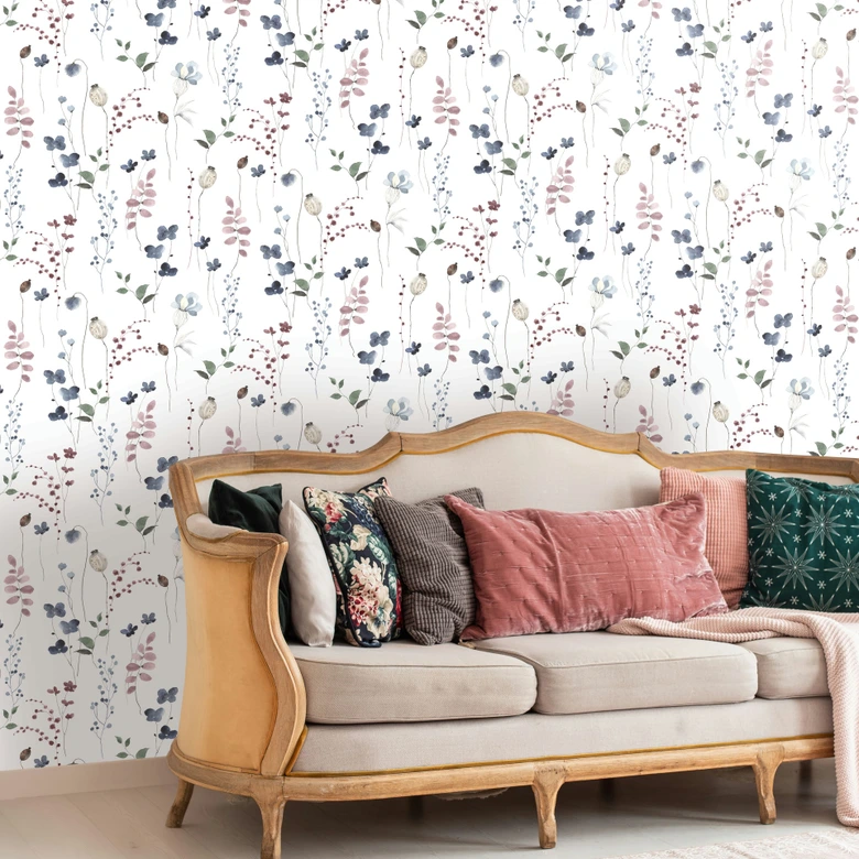 Vliestapete Blätter, Äste Floral Natur matt in Weiß Grün Blau 