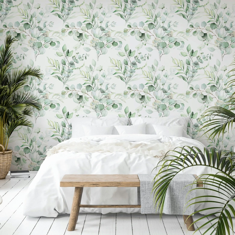 Vliestapete Blätter, Äste Floral Natur matt in Weiß Grün 