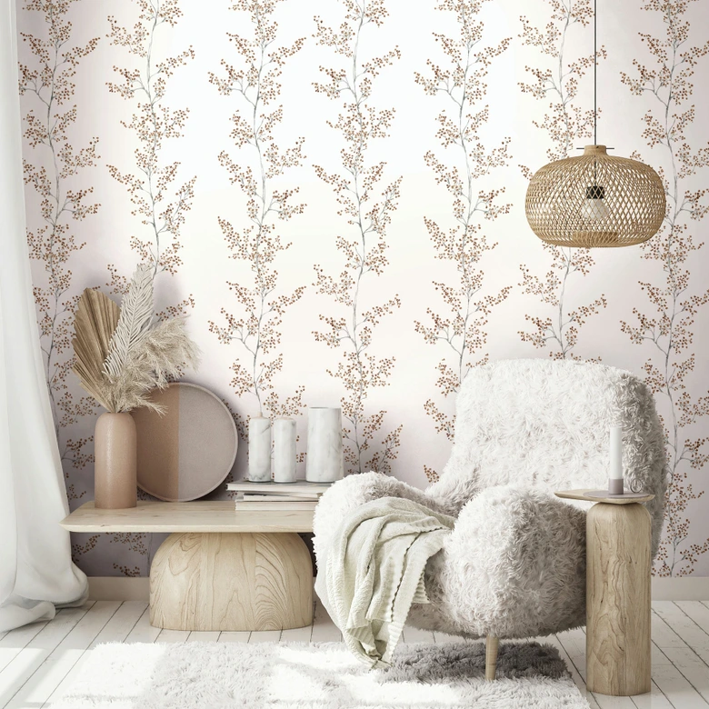 Vliestapete Blätter, Äste Floral Natur matt in Weiß Beige 