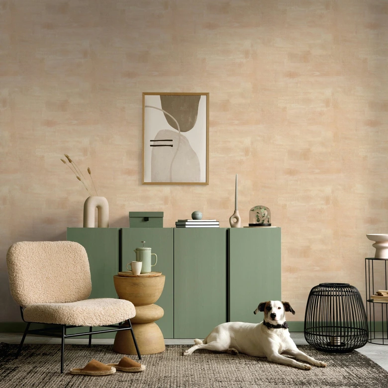 Papel pintado no tejido aspecto escayola, aspecto hormigón liso geométrico mate en beige 