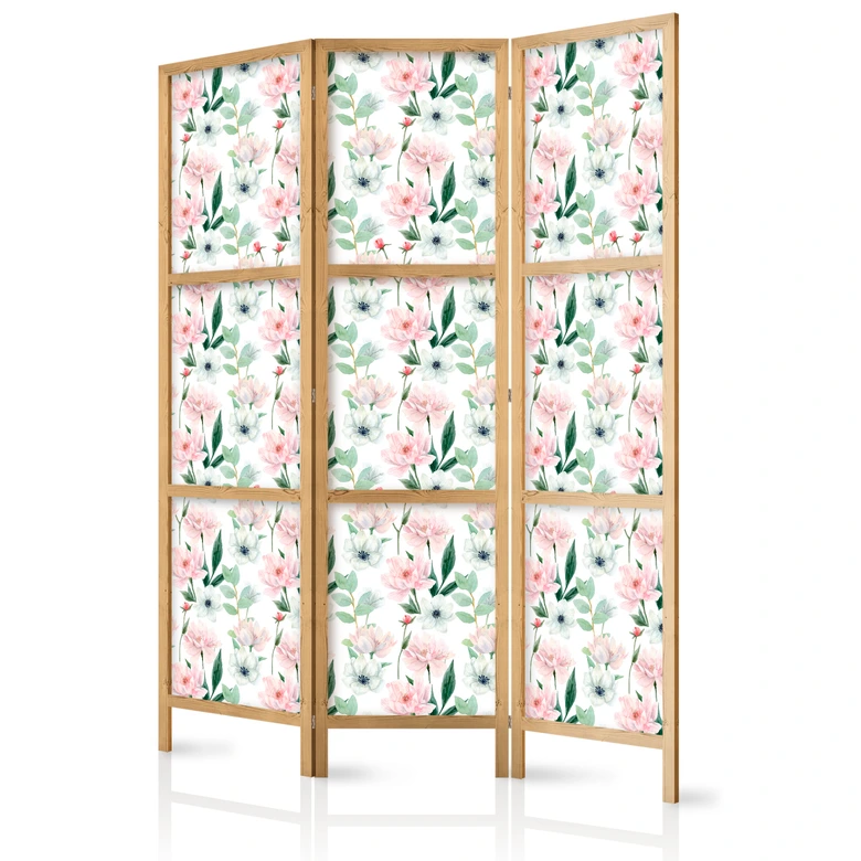 Japanischer Paravent, Raumteiler freistehend, Trennwand - Peonies on White Background 