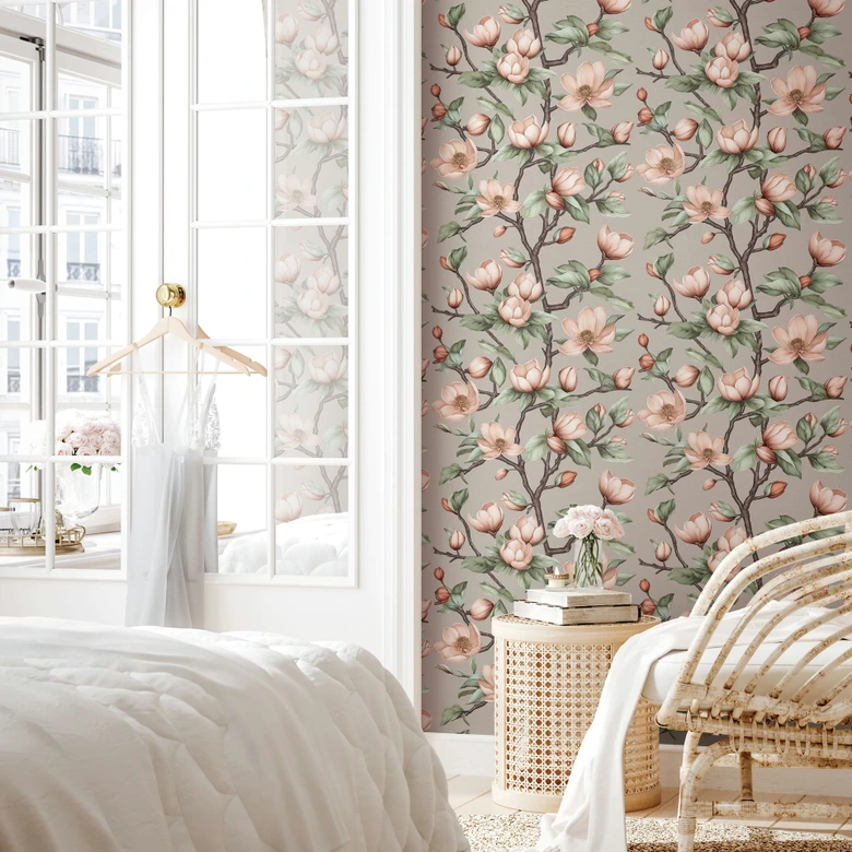 Vliestapete Äste, Blumen Floral Natur matt in Grau Braun Grün 