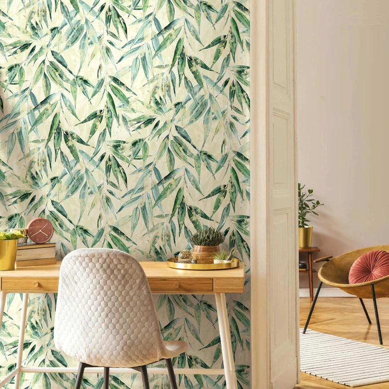 Icke-vävd tapet löv blommig natur matt i gult 