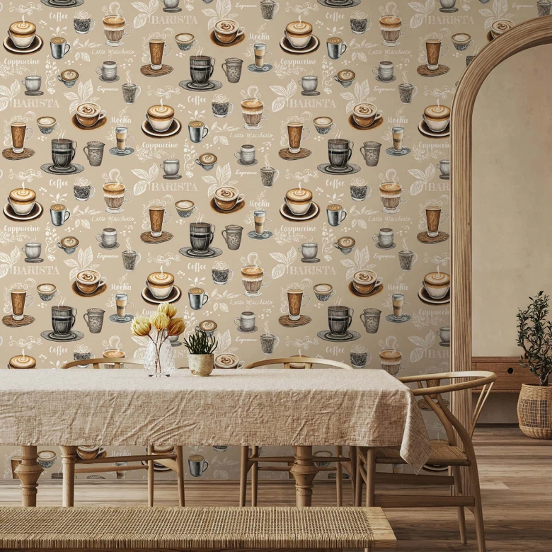 Vliestapete Kaffenmotiv Grafisch Modern matt in Beige 