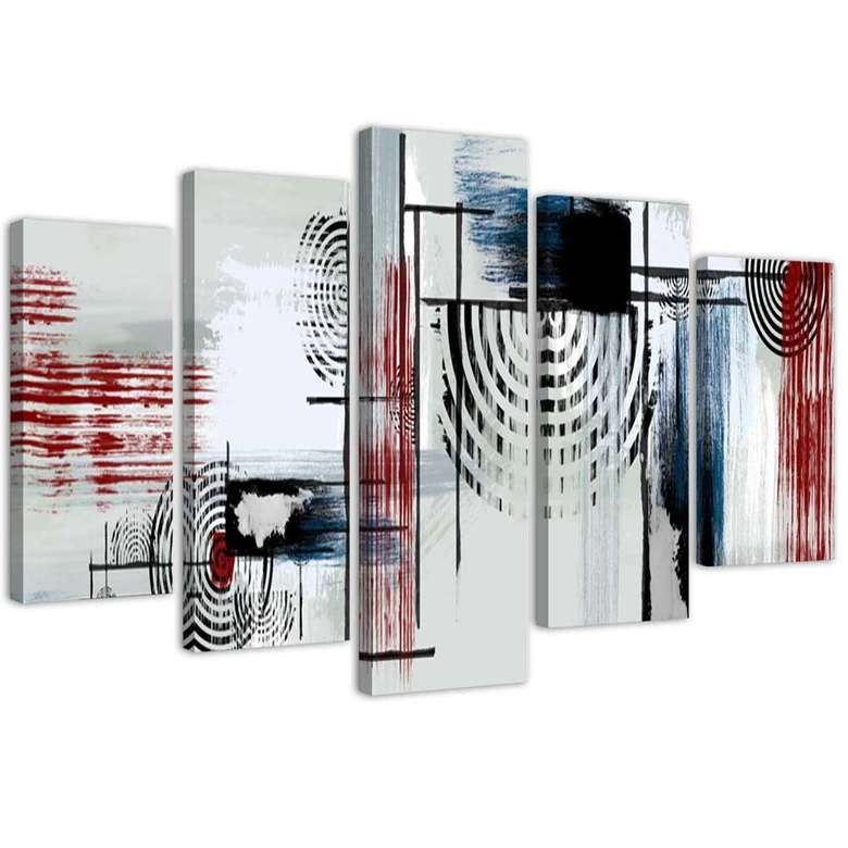 Leinwandbild 5 teilig, Abstrakt Rot Grau 
