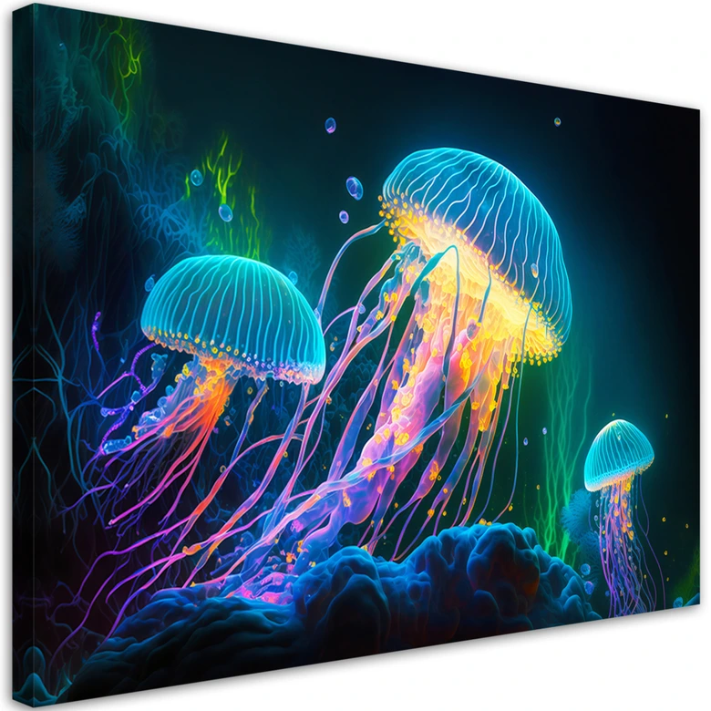 Leinwandbild, Neon-Qualle unter Wasser 