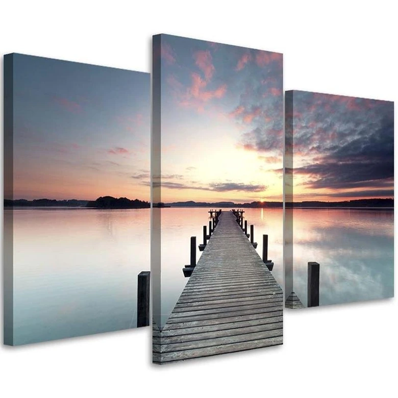 Leinwandbild 3-teilig, Steg See Sonnenuntergang 