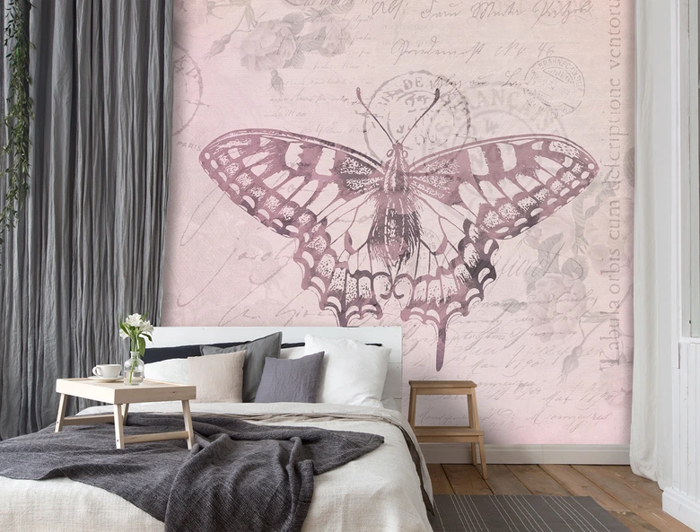 Fototapete, Shabby Chic Stil Schmetterling auf rosa Hintergrund - Andrea Haase 
