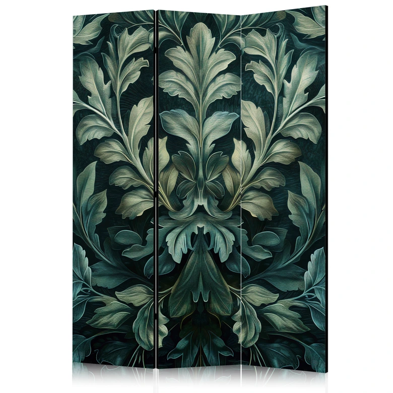 Paravent, Raumteiler freistehend, Trennwand - Dark Green Victorian Leaves - Botanical Carved Composition 