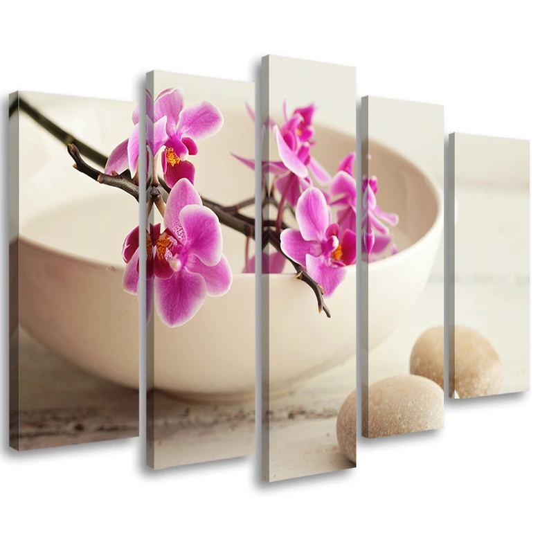 Leinwandbild 5 teilig, Orchid Bowl Blumen Beige 