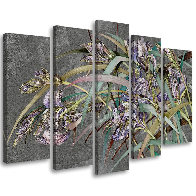 Leinwandbild 5 teilig, Iris Blumen im Wind 