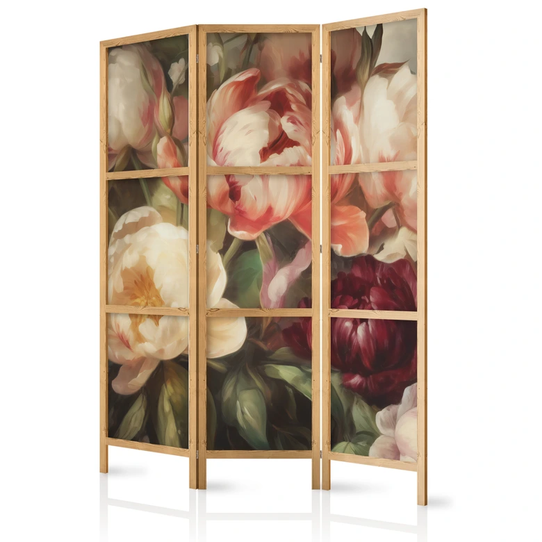 Japanischer Paravent, Raumteiler freistehend, Trennwand - Blooming Sunlit Peonies 