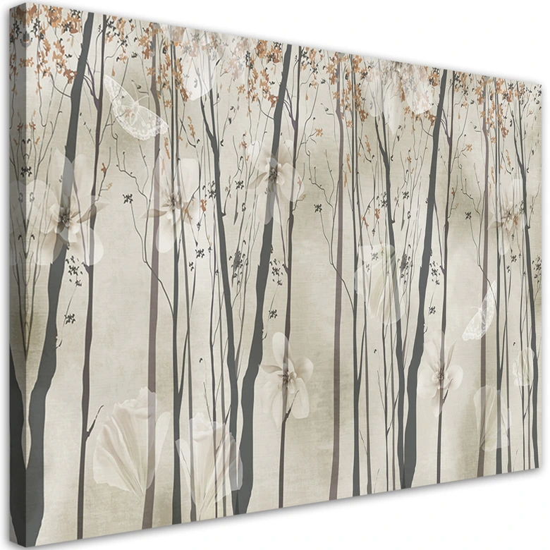 Leinwandbild, Bäume Blumen und Schmetterlinge 