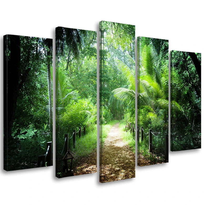 Leinwandbild 5 teilig, Grüner Waldweg 