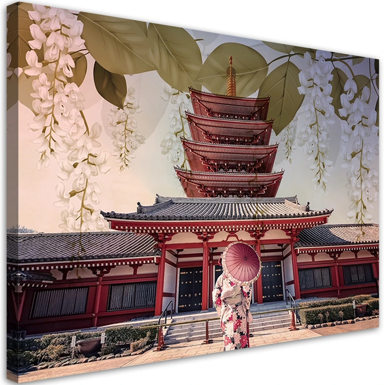 Leinwandbild, Japanische Geisha und Tempel 