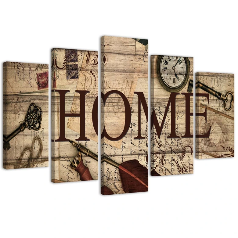 Leinwandbild 5 teilig, Home Retro Brown Aufschrift 