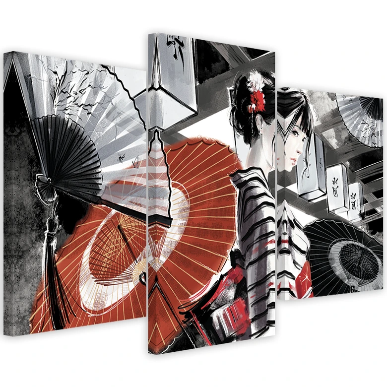 Leinwandbild 3 teilig, Geisha mit einem Fan 