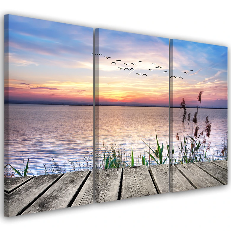Leinwandbild 3-teilig, Steg Strand Sonnenuntergang  