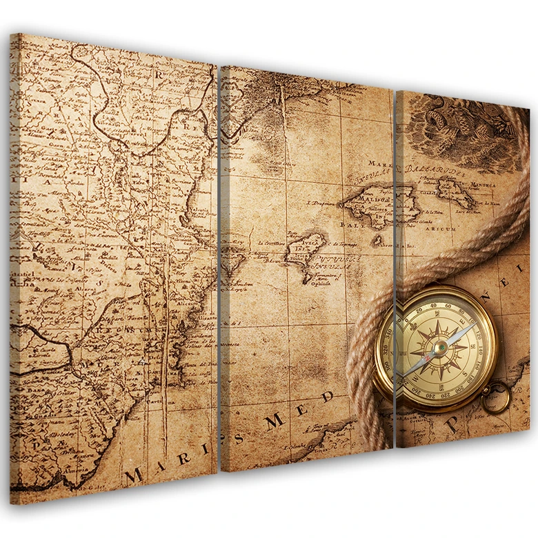 Leinwandbild 3-teilig, Weltkarte Retro Braun 