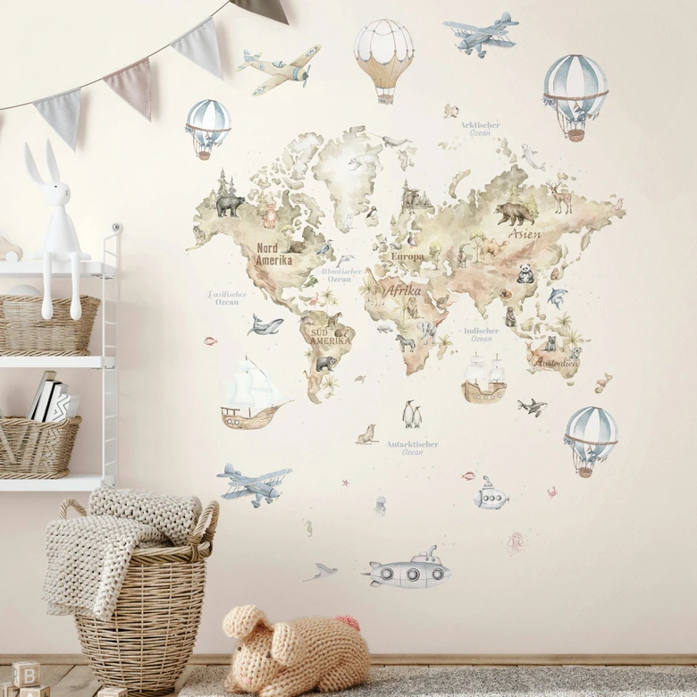 Wall Mural World Map Graphic Kids, non-woven wallpaper classic matt in beige 2,70 x 1,59 m 