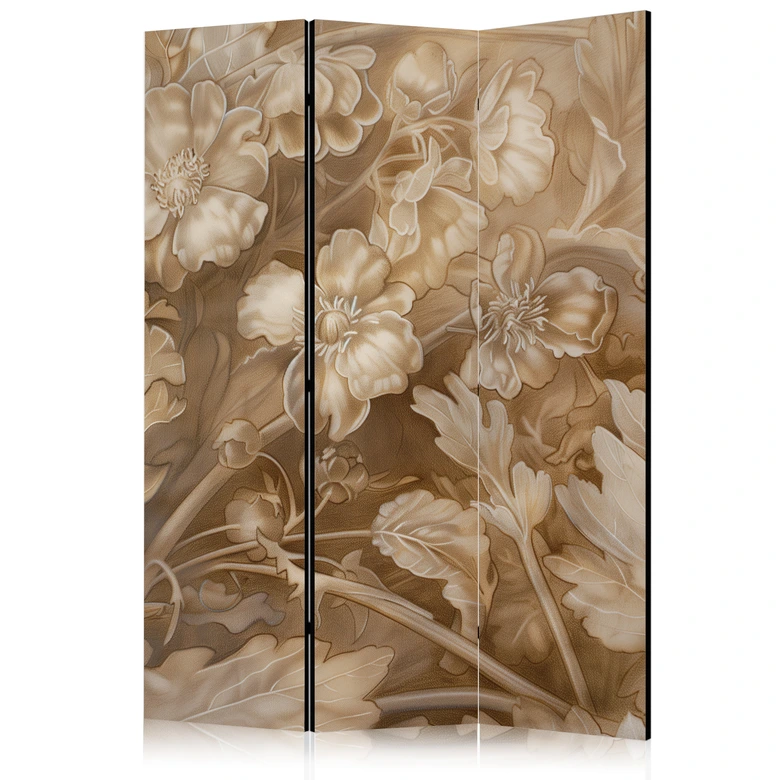Paravent, Raumteiler freistehend, Trennwand - Carved Floral Ornaments in Soft Sepia and Brown Tones 