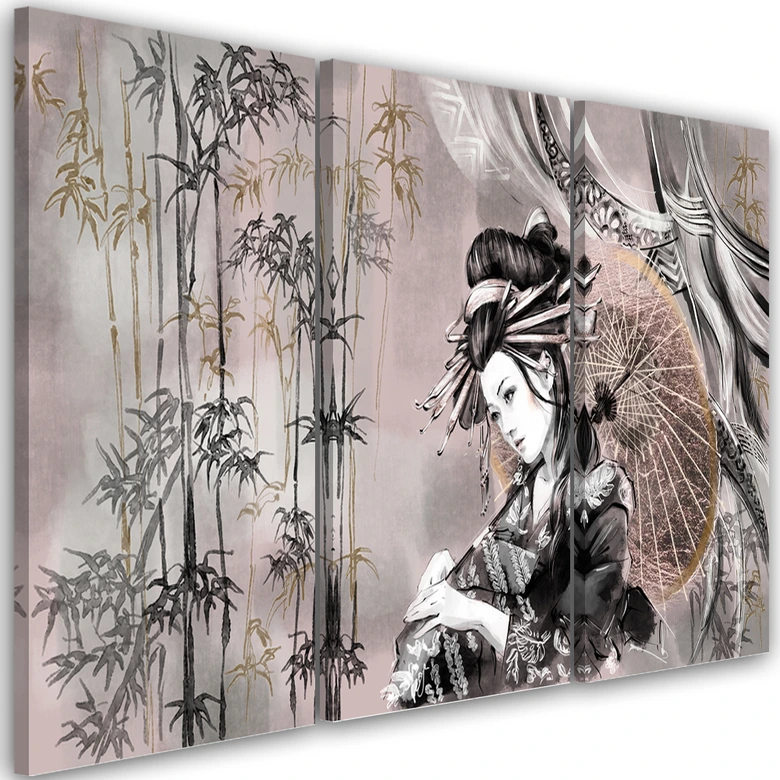 Leinwandbild 3 teilig, Geisha und Bambus 