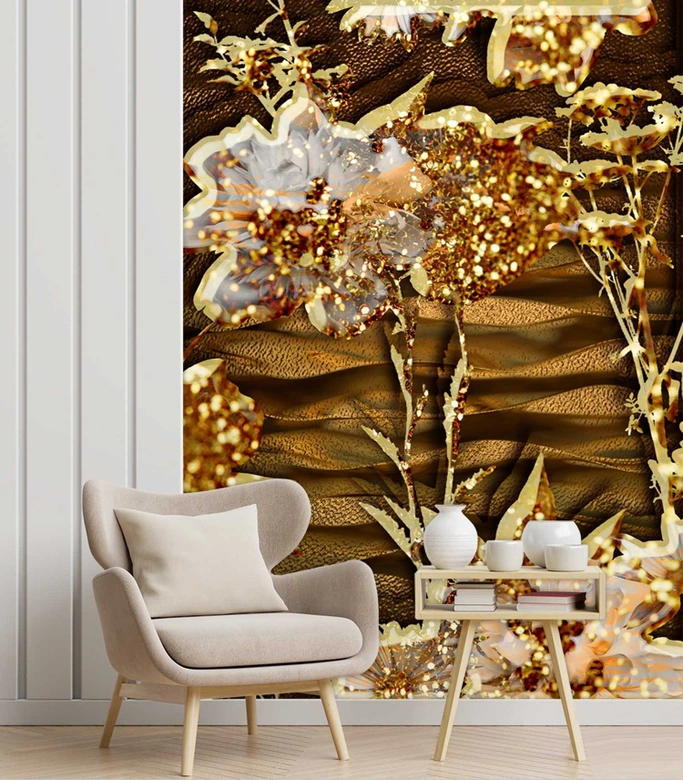 Fototapete, Blumen aus Goldbrokat 