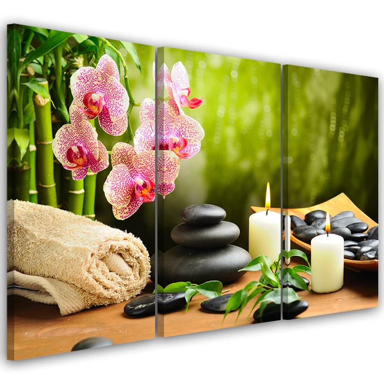 Leinwandbild 3-teilig, Zen-Steine Blumen 