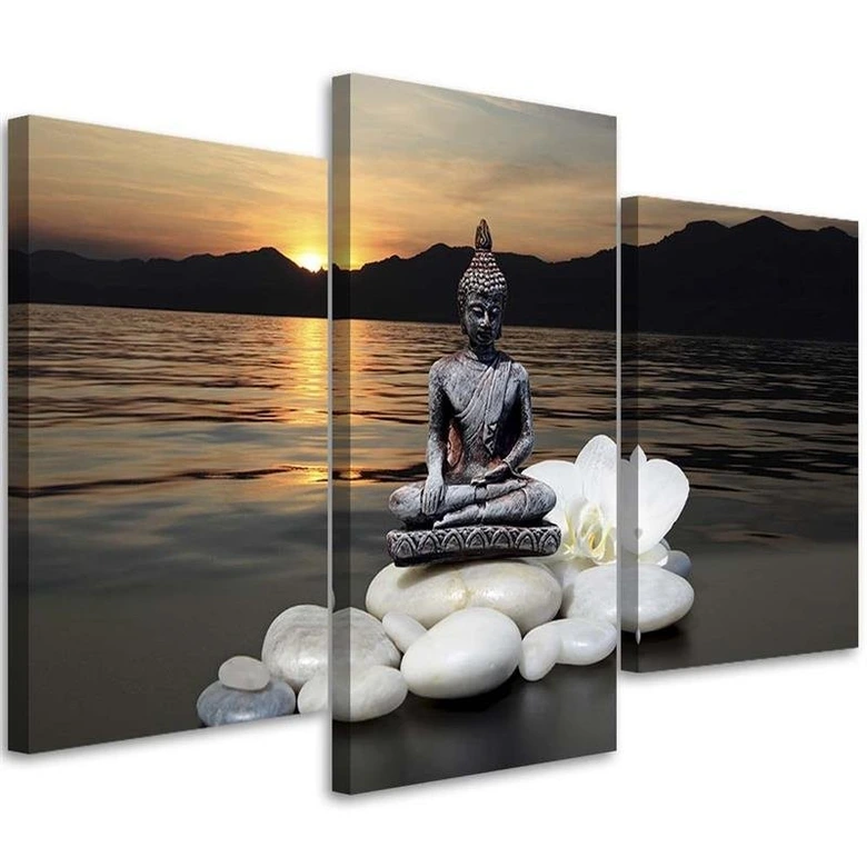 Leinwandbild 3-teilig, Buddha Zen Spa Sonnenuntergang 