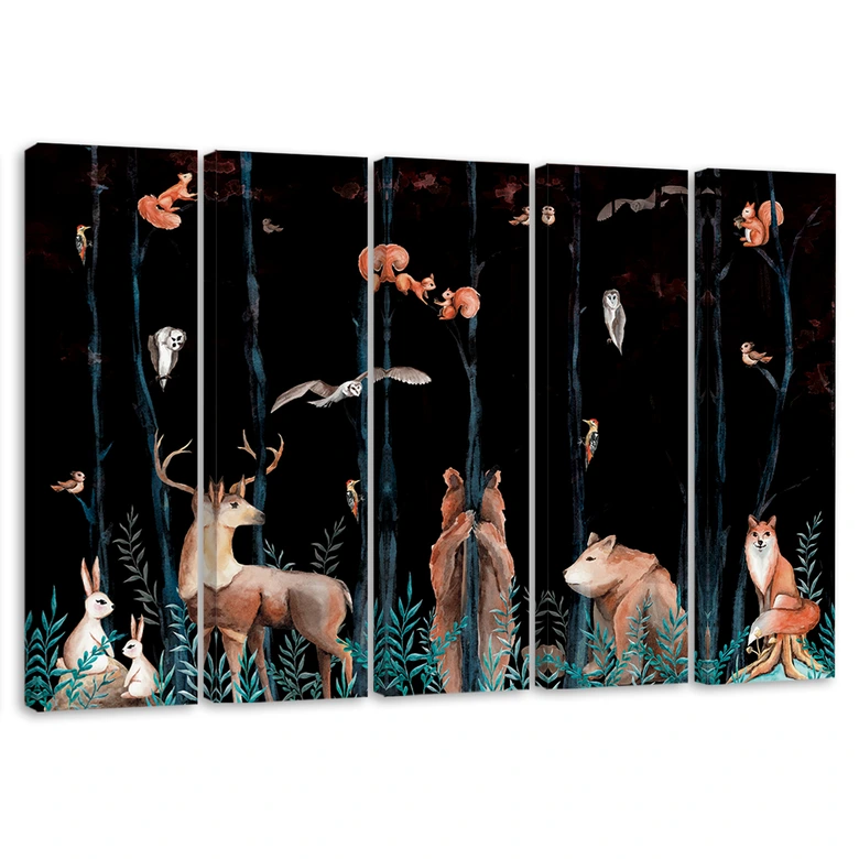 Leinwandbild 5 teilig, Waldtiere Hirschbär Fuchs 