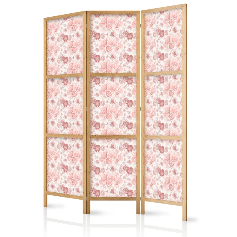 Japanischer Paravent, Raumteiler freistehend, Trennwand - Pink Blossoming on White Background 3-teilig 135x172 cm