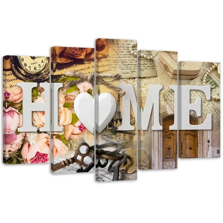 5 stykke lærredsprint Home Heart Retro Inscription 