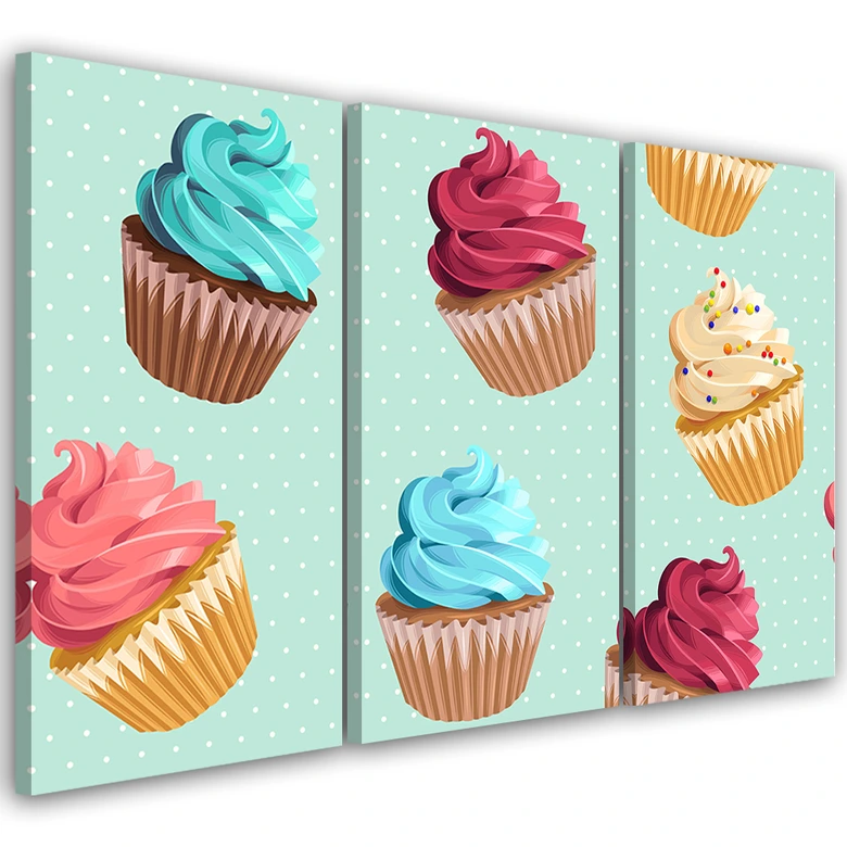 Leinwandbild 3-teilig, Cupcakes Süßigkeiten 