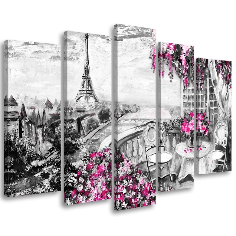 Leinwandbild 5 teilig, Pariser Turm Ansicht Pastell 