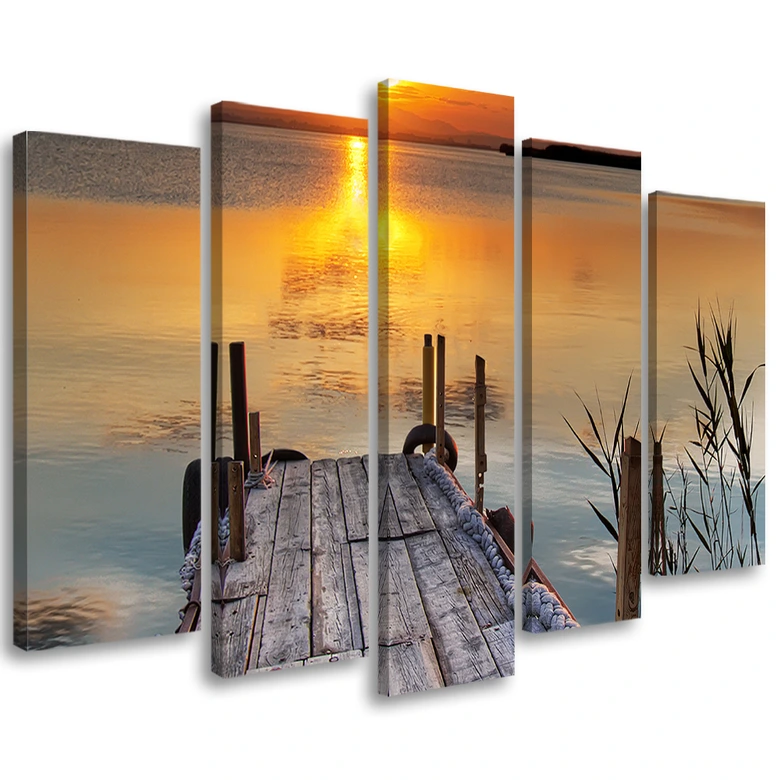 Wandbild 5-teilig, Sonnenuntergang Steg See Natur 