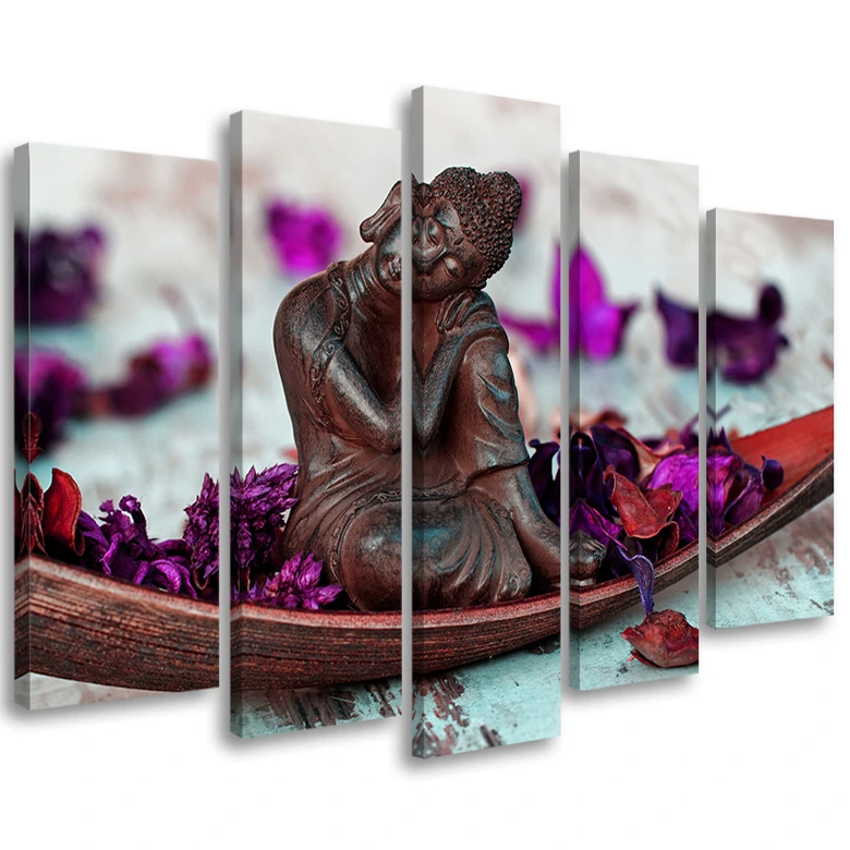 Leinwandbild 5 teilig, Buddha Blumen Zen Lila 