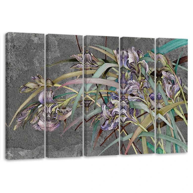 Leinwandbild 5 teilig, Iris Blumen im Wind 