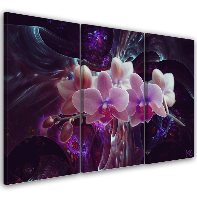 3-delige canvas print, witte orchidee op een donkere achtergrond 