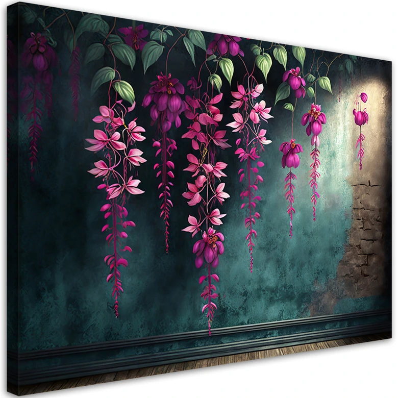 Canvasbillede, Hængende blomster på betonbaggrund 