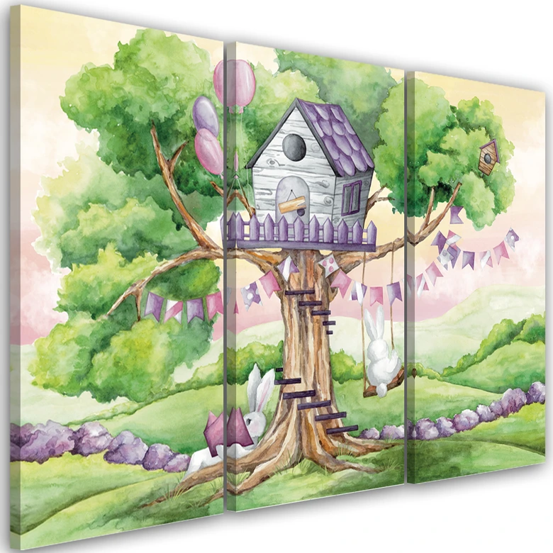 Leinwandbild 3 teilig, Weiße Kaninchen Hütte auf dem Baum 