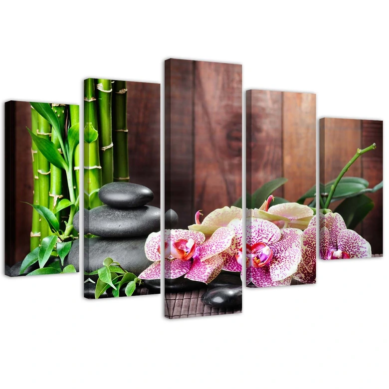 Leinwandbild 5 teilig, Orchidee-Steine-Bambus 