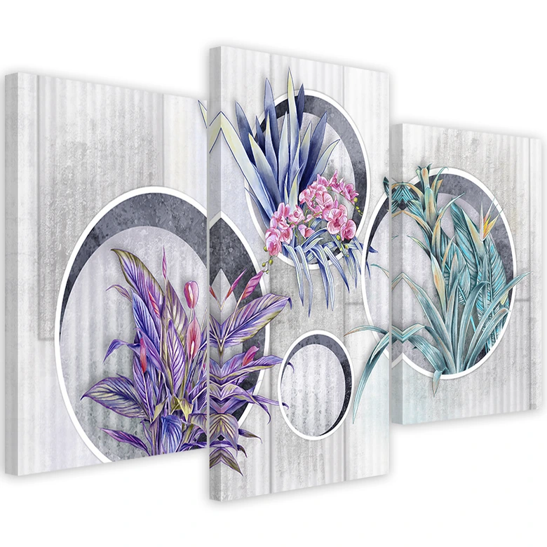 Leinwandbild 3 teilig, Quadratkisten Regale mit Blumen 