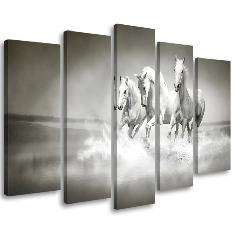 Leinwandbild 5 teilig, Galopp der weißen Pferde 