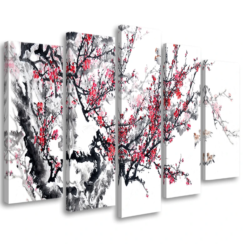 Leinwandbild 5 teilig, Kirschblüte Japan Baum 
