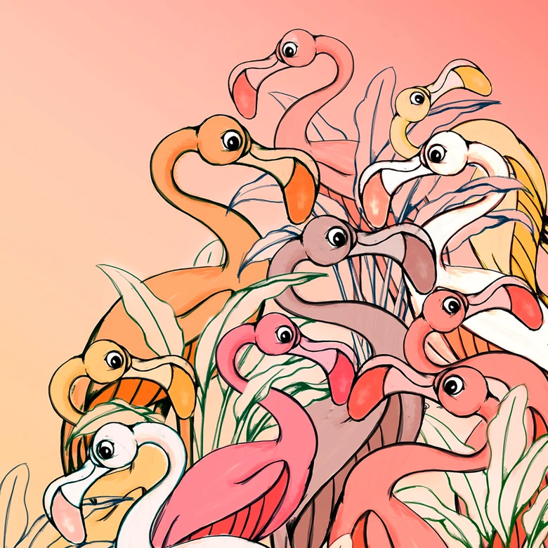 Vlies Fototapete - Flamingos and Lillys - 200 x 280 cm 