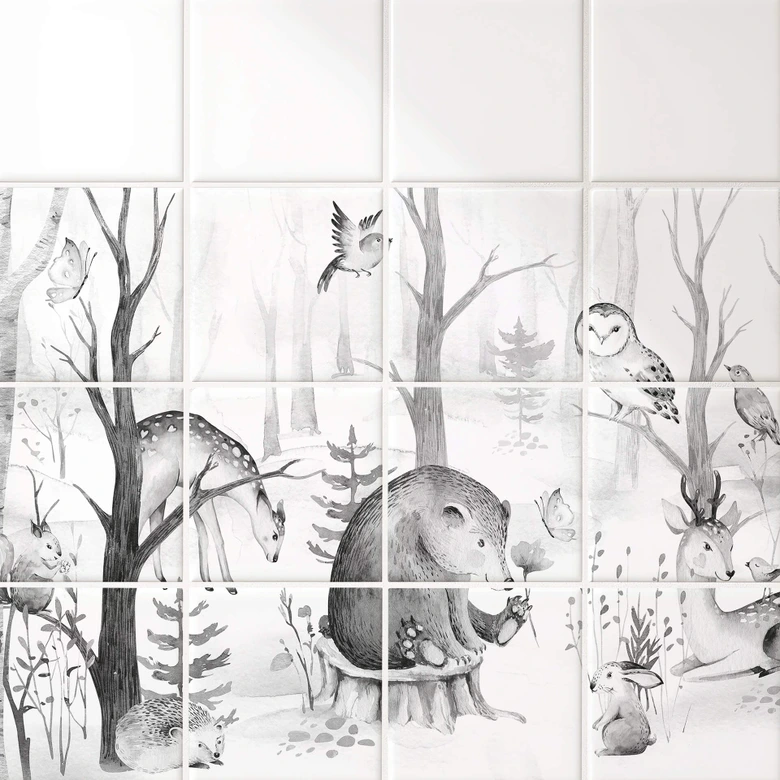 Tegelstickers Kvilis - Dieren in het Bos zwart-wit (set van 12) 