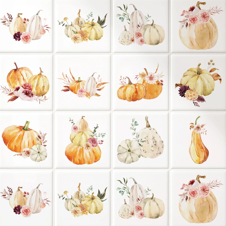 Fliesenaufkleber Watercolor - Kürbis mit Blumen - 12er Set 