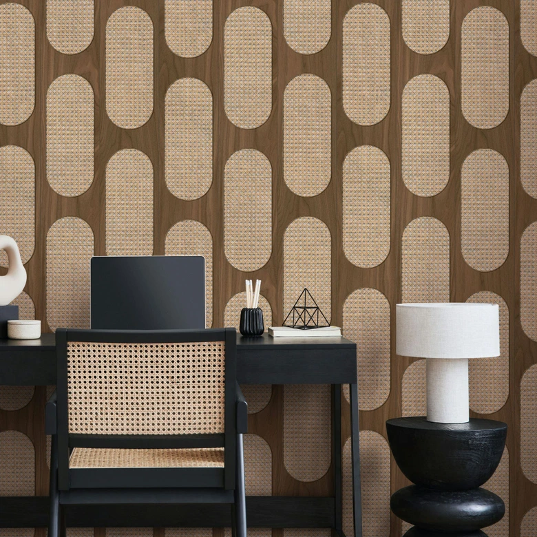 Non-woven tapet i brun beige trälook textur trä geometrisk  