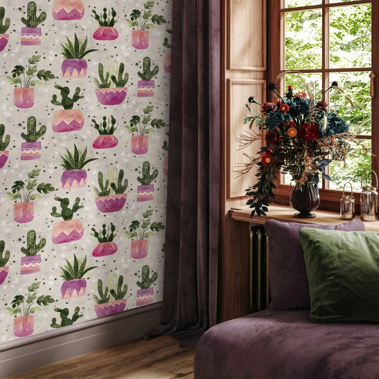 Vliestapete in Grau Grün Lila Blumen Pflanzen Floral Natur Modern  