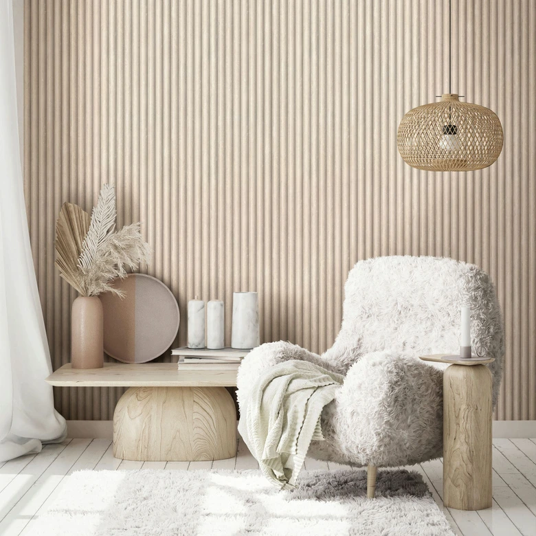 Vliesbehang in grijs-beige 3D-look akoestische paneellook houtstrepen klassiek  
